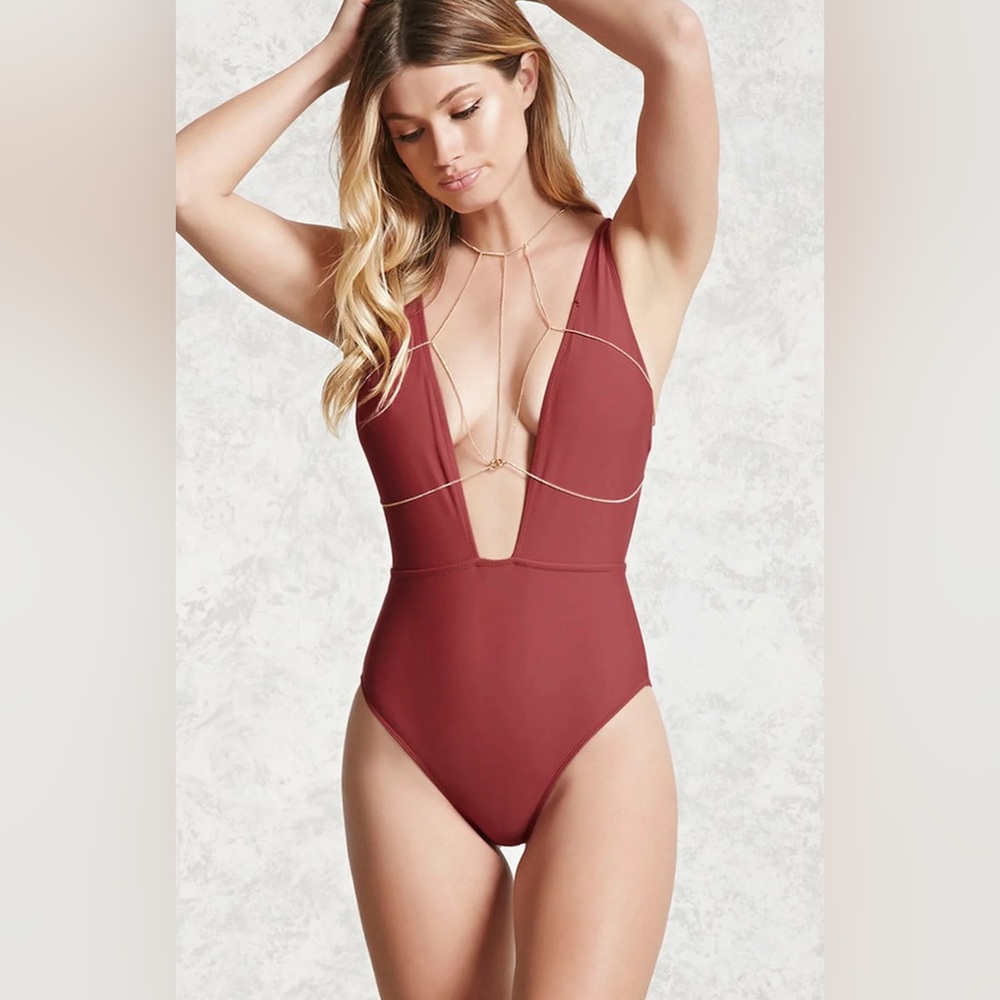 Elegant Deep V-Neck One Piece Swimsuit - Red